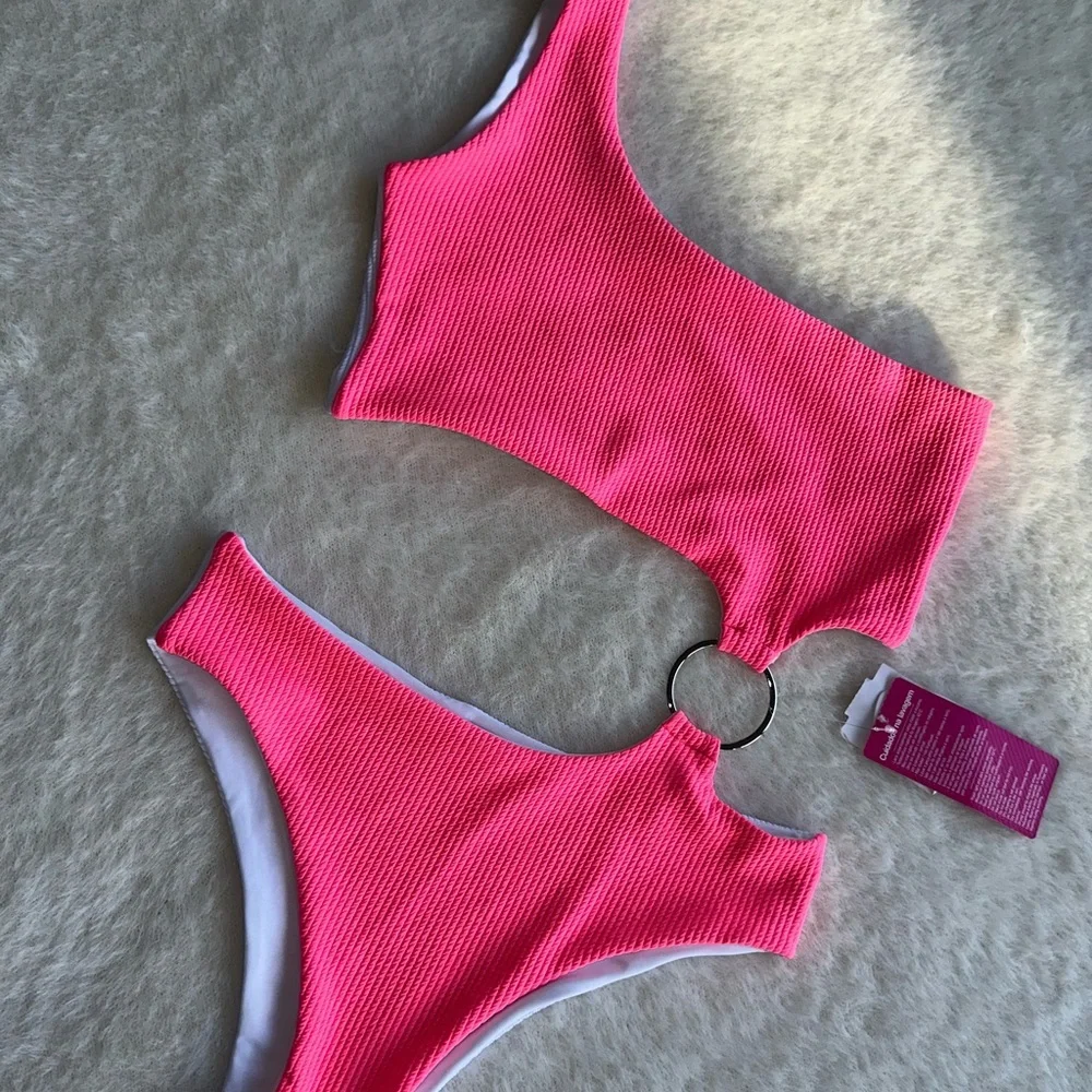 ZNG Pink and White Asymmetrical One-Piece Swimsuit - Picture 4 of 7